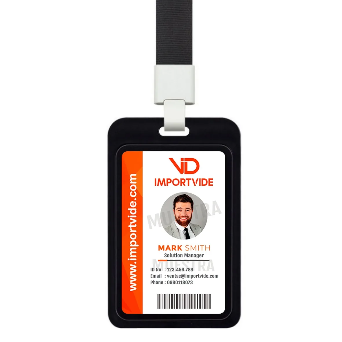 Portacredencial deslizable negro con cordón lanyard, disponible en Guayaquil